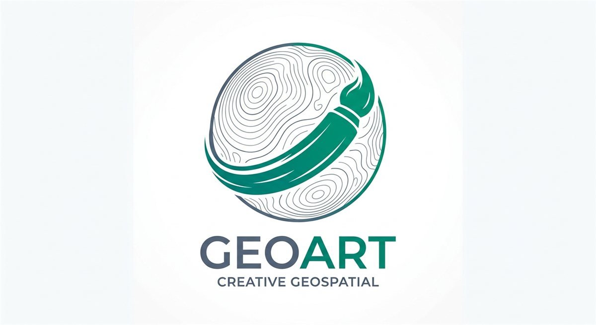 GeoArt brand mark: a paintbrush sweeping around a topographic globe